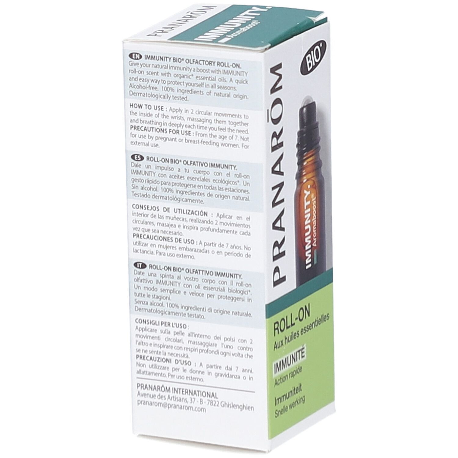 Weiße Schachtel mit Text und einer braunen Glasflasche mit Roll-On-Aufsatz. Aufschrift: PRANARÔM, IMMUNITY, BIO.