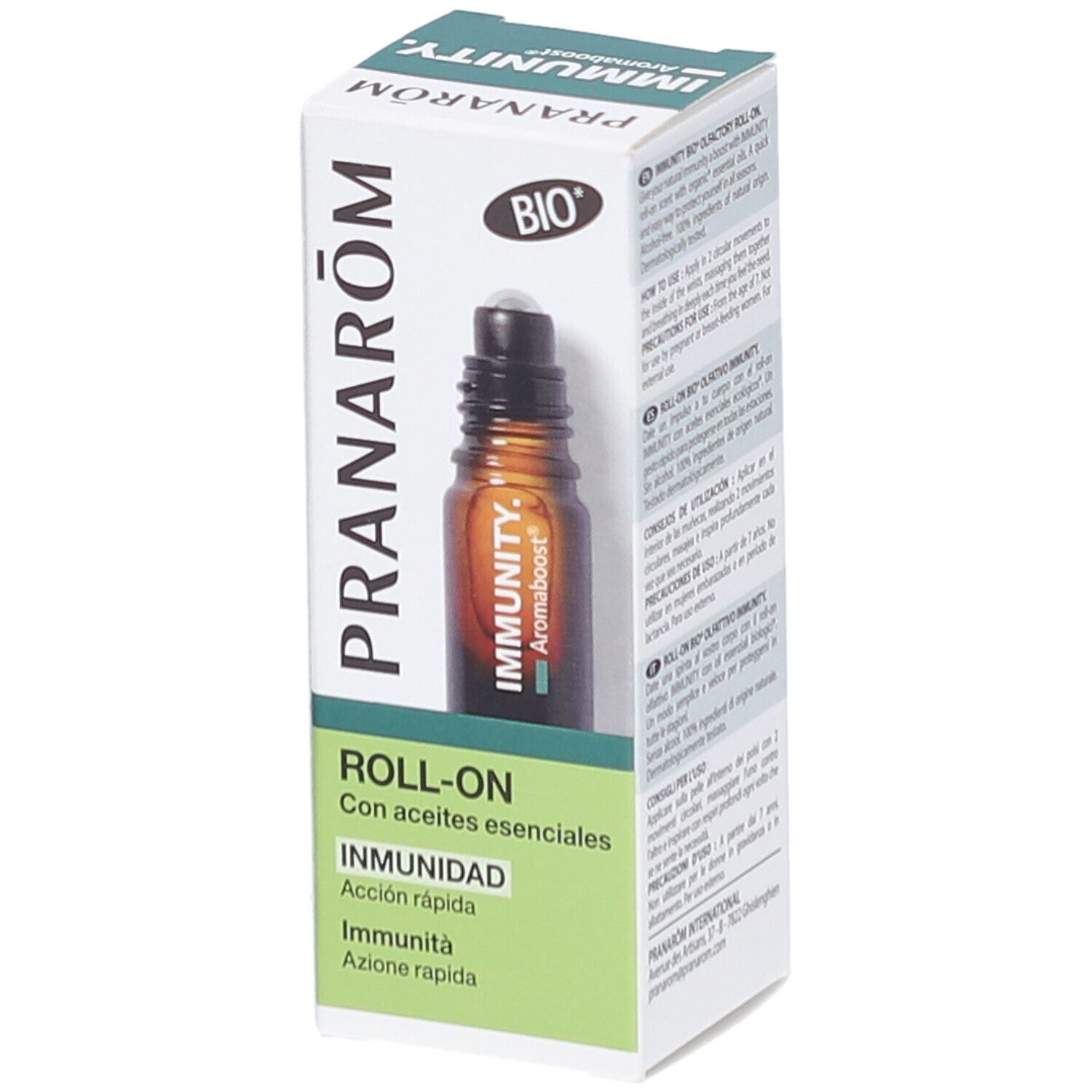 Braune Glasflasche mit Roll-On-Aufsatz in einer weißen Schachtel. Aufschrift: PRANARÔM, IMMUNITY, Roll-On, BIO.