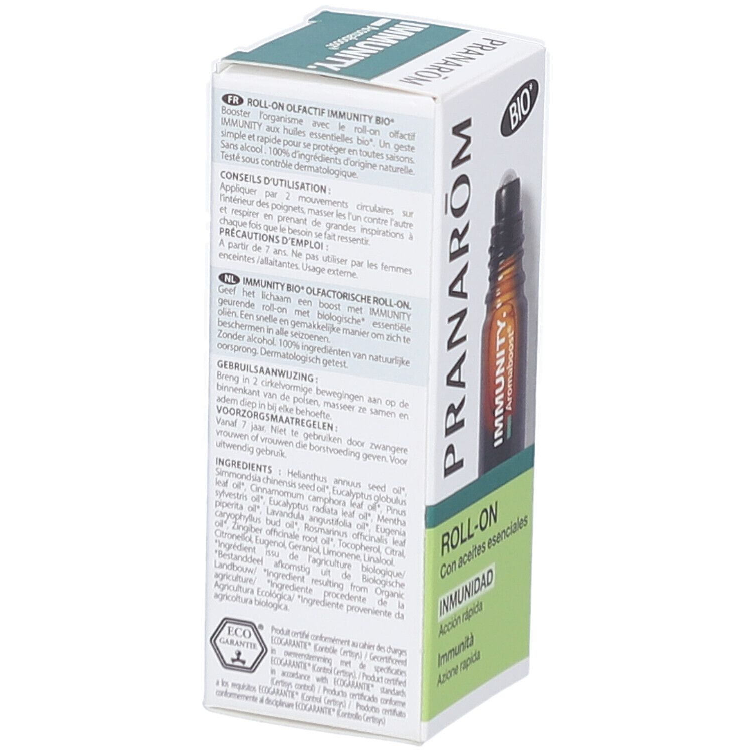 Weiße Schachtel mit Text und einer braunen Glasflasche mit Roll-On-Aufsatz. Aufschrift: PRANARÔM, IMMUNITY, BIO.