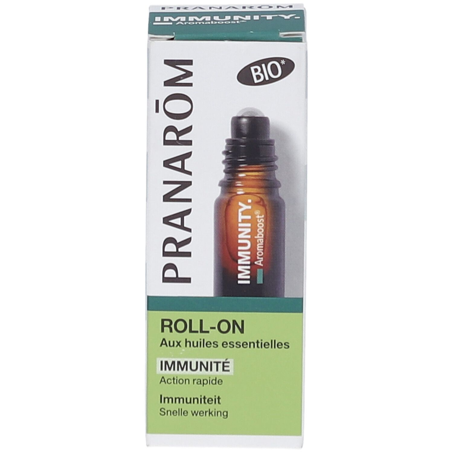 Braune Glasflasche mit Roll-On-Aufsatz in einer weißen Schachtel. Aufschrift: PRANARÔM, IMMUNITY, Roll-On, BIO.