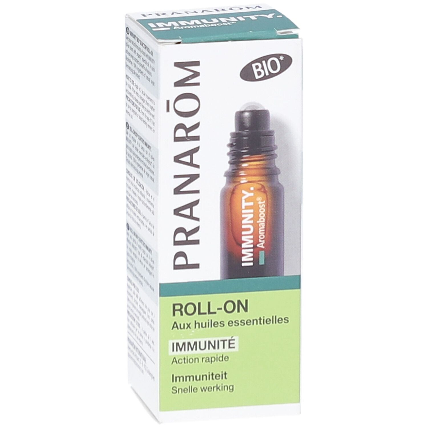 Braune Glasflasche mit Roll-On-Aufsatz in einer weißen Schachtel. Aufschrift: PRANARÔM, IMMUNITY, Roll-On, BIO.
