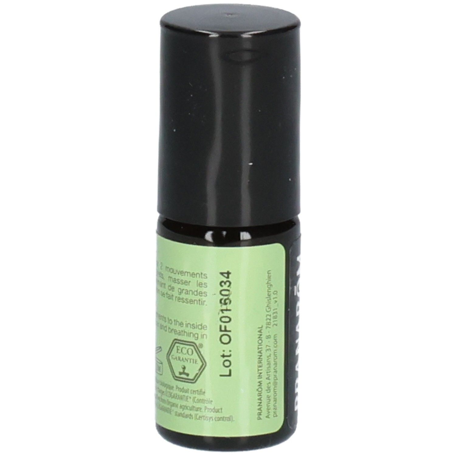 Rückseite Pranarom Aromaboost Focus Roll-On. Etikett mit Lot-Nummer und ECO-Garantie-Siegel.