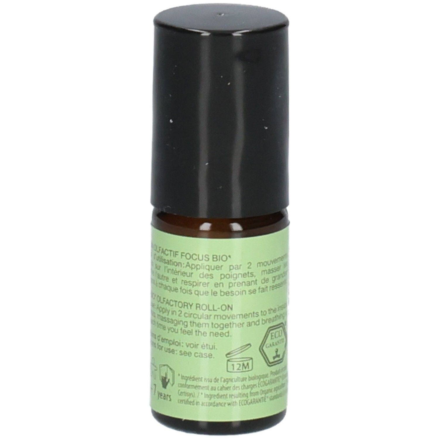 Seite Pranarom Aromaboost Focus Roll-On. Etikett mit Anwendungshinweisen und 12M-Symbol.