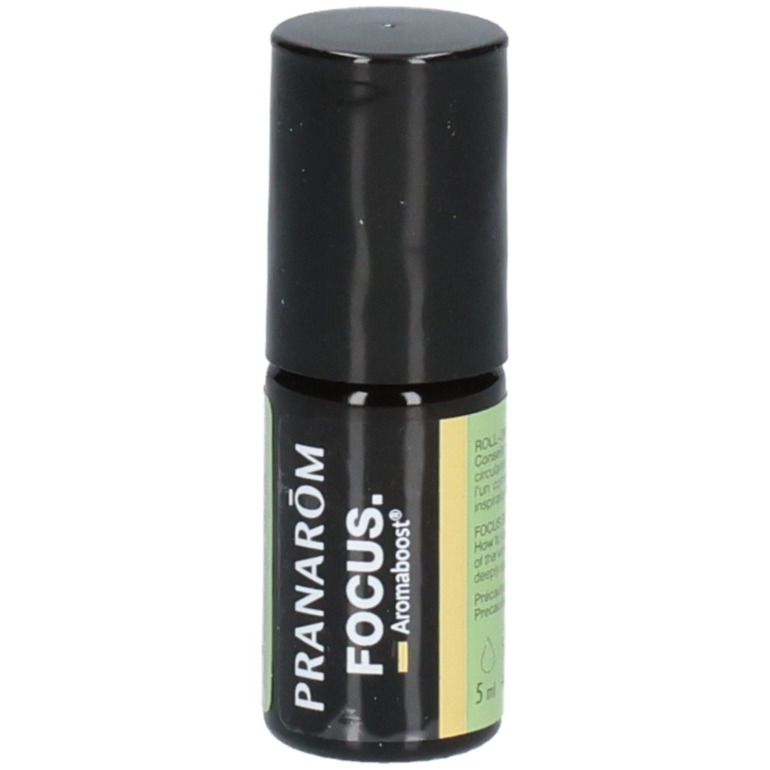 Pranarom Aromaboost Focus Roll-On mit schwarzem Verschluss. Braunes Glasfläschchen mit Etikett.
