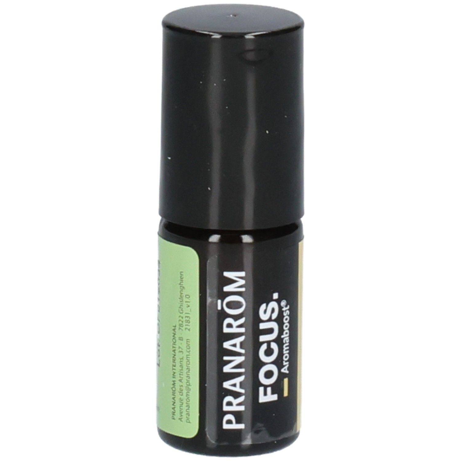 Pranarom Aromaboost Focus Roll-On. Etikett mit Kontaktdaten und Website des Herstellers.