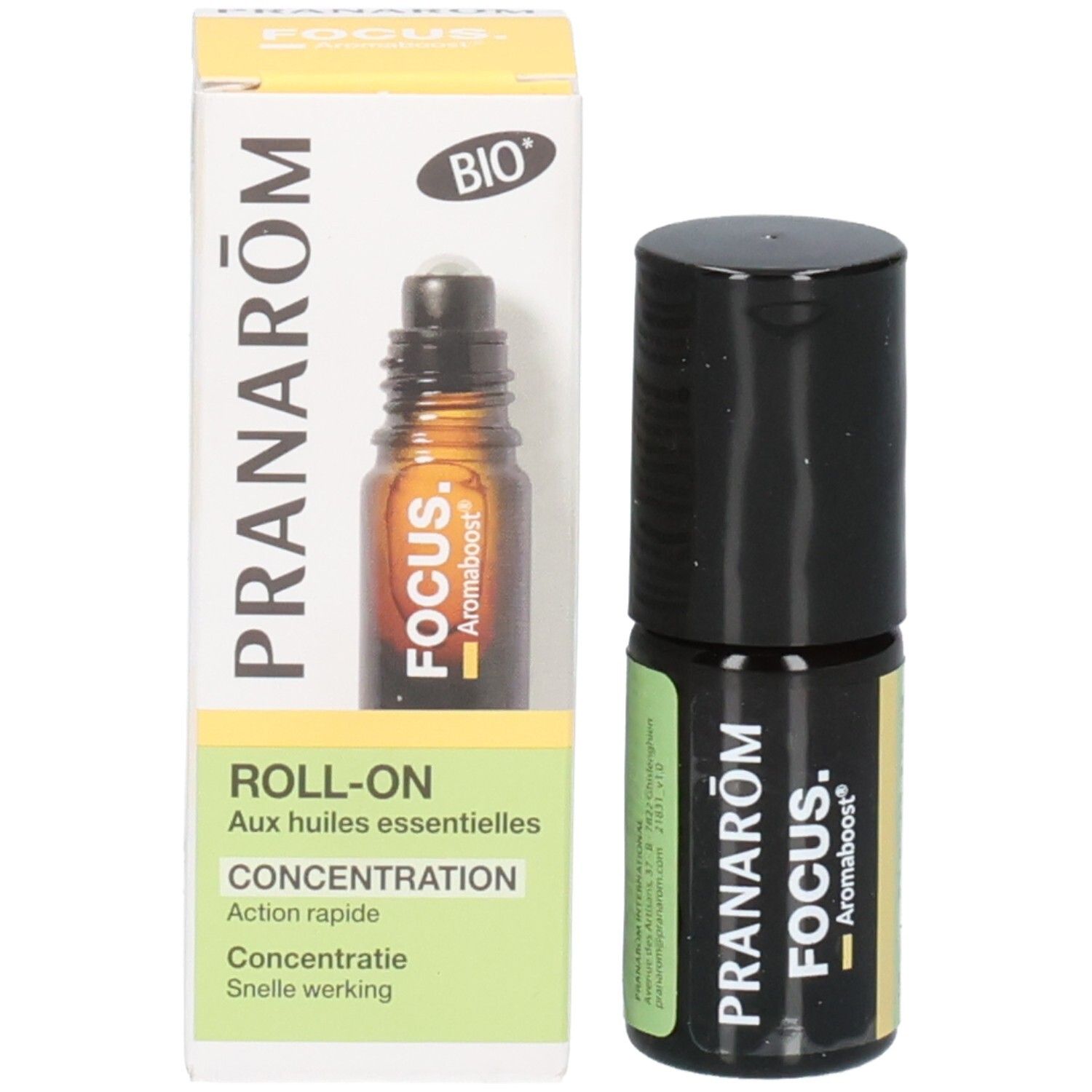 Pranarom Aromaboost Focus Roll-On neben seiner Verpackung. Karton mit Produktabbildung und Hinweisen.