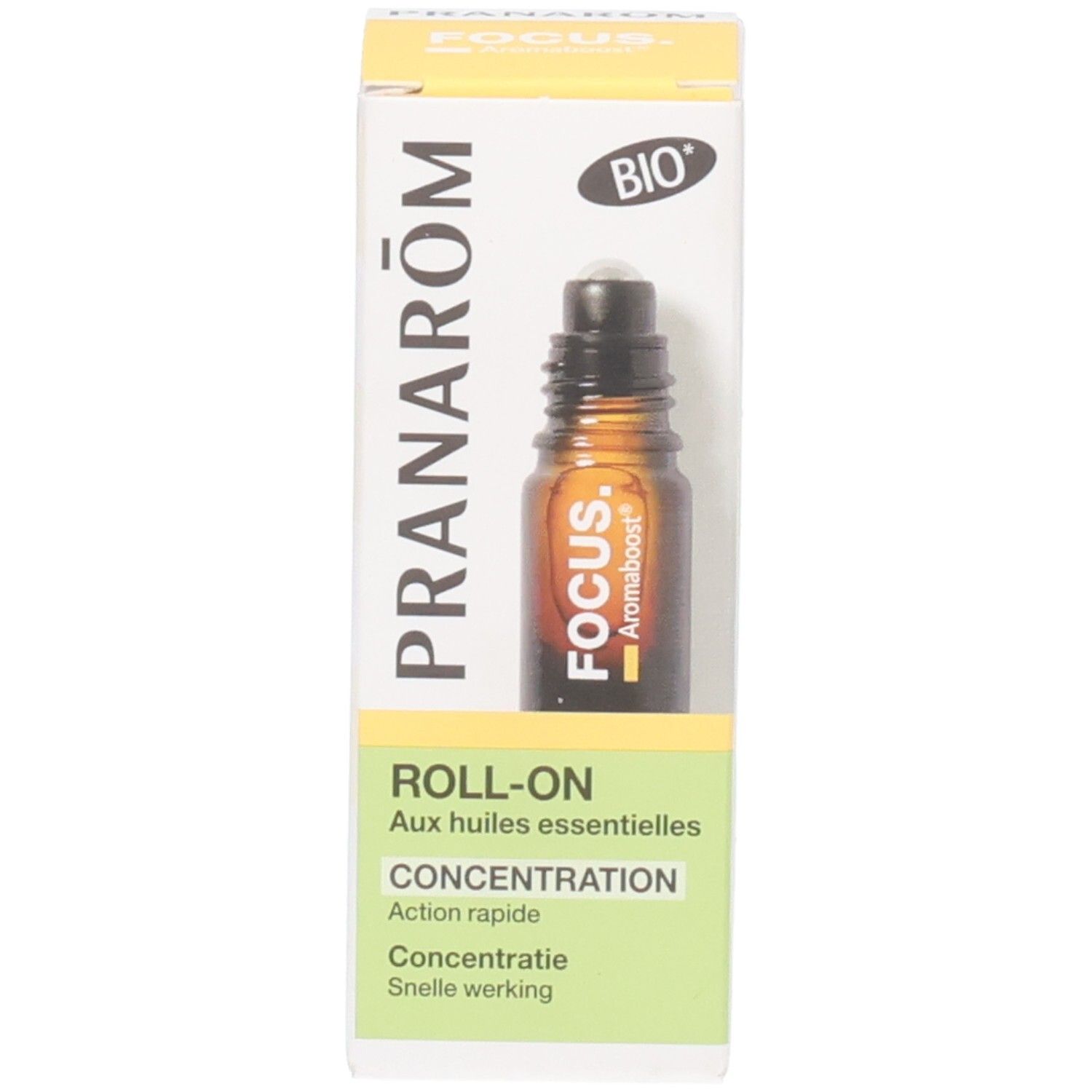 Pranarom Aromaboost Focus Roll-On neben seiner Verpackung. Karton mit Produktabbildung und Hinweisen.