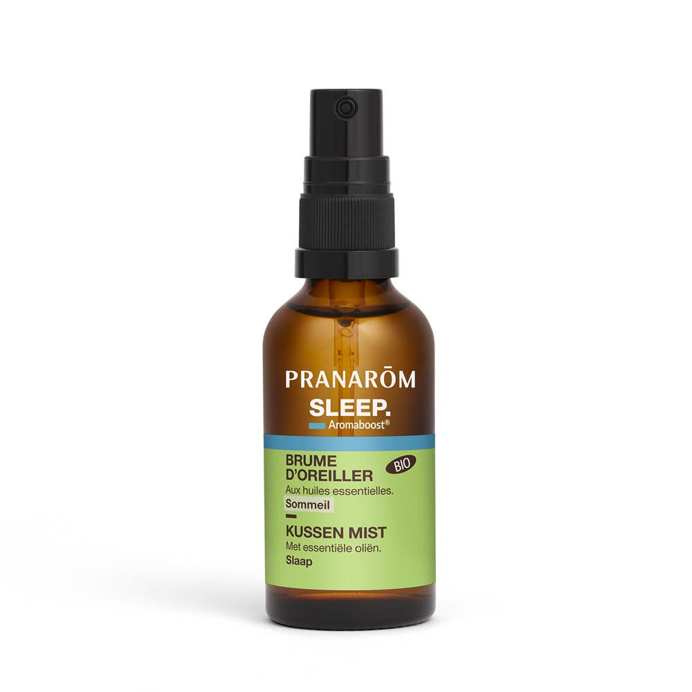 Braune Glasflasche mit Zerstäuber. Aufschrift: Pranarôm SLEEP. Brume d'oreiller, Kussen mist. Bio-Zertifizierung.