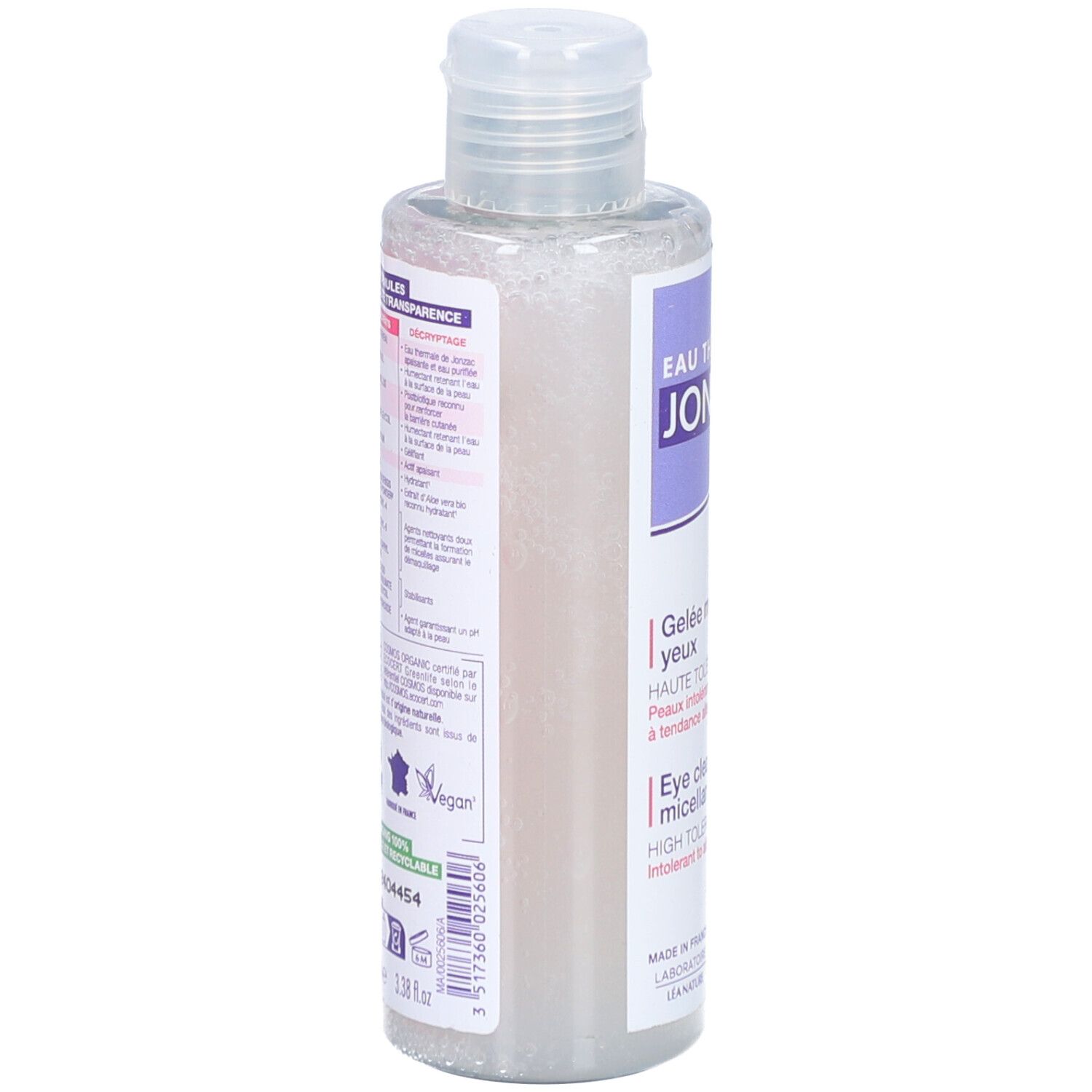 Flasche mit Augen-Reinigungsgel. Rückseite mit Text und Logos. Vegan-Logo. Bio-Zertifizierung. Barcode und Chargennummer.