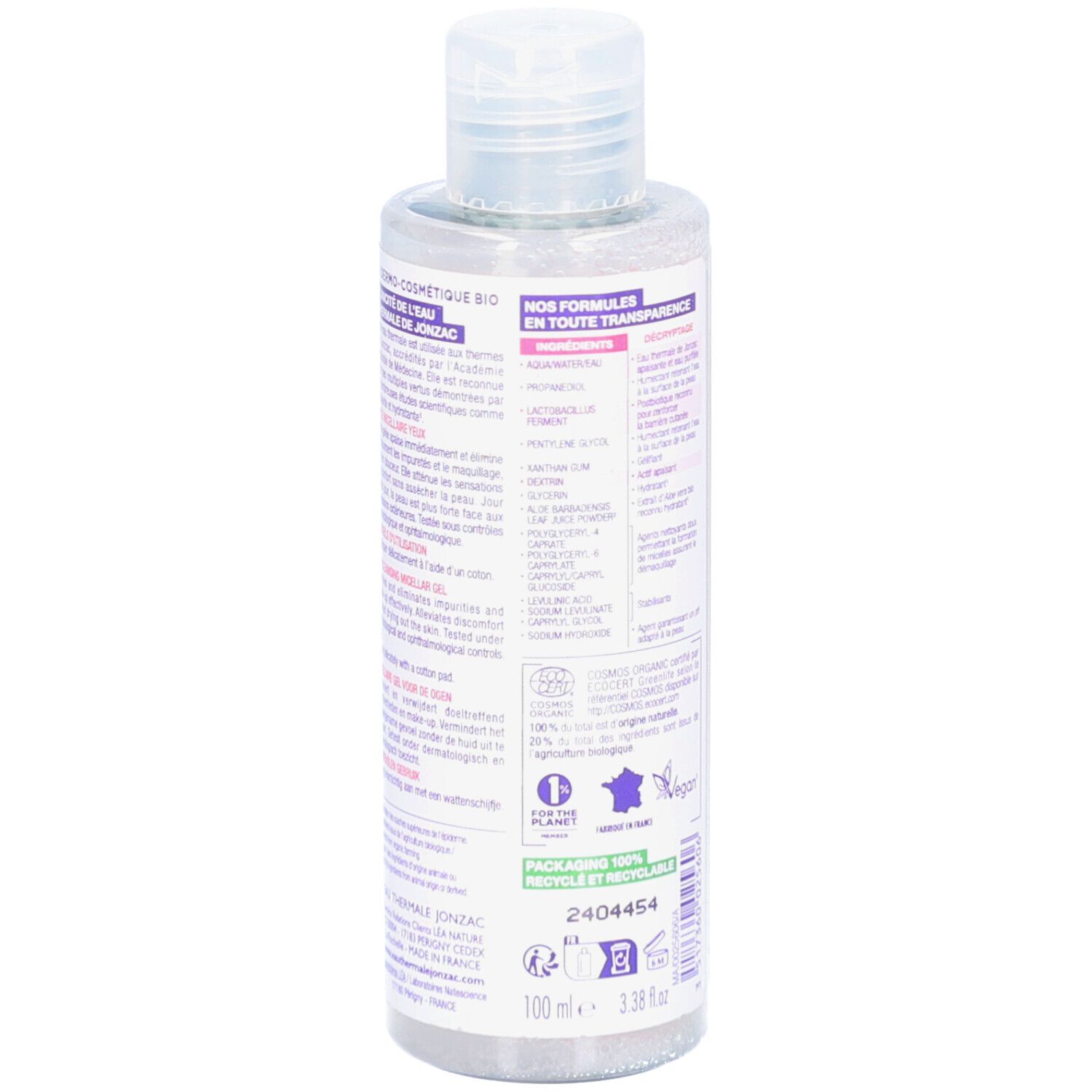 Rückseite der Flasche mit Augen-Reinigungsgel. Text, Inhaltsstoffe, Logos. Vegan-Logo. Bio-Zertifizierung. Chargennummer.