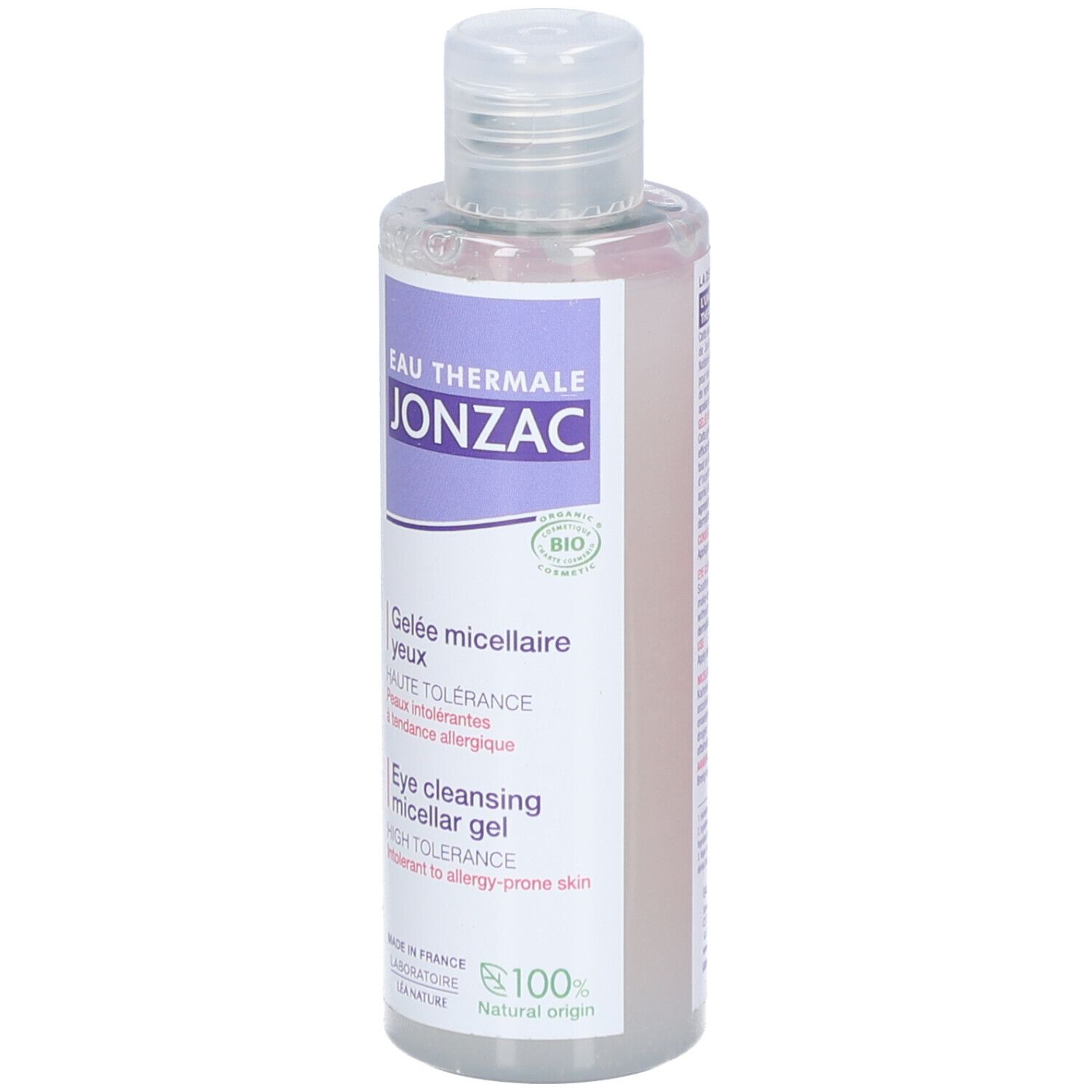 Flasche mit Augen-Reinigungsgel. Aufschrift: Jonzac, Eau Thermale, Gelée micellaire yeux, Haute Tolérance. Bio-Zertifizierung.