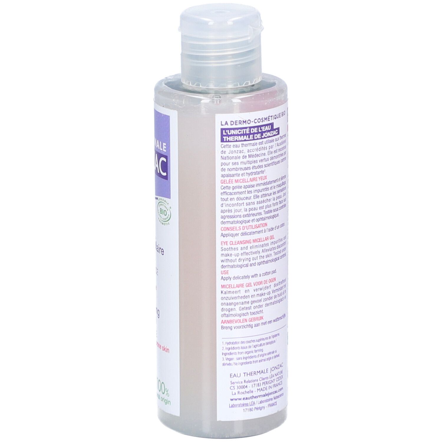 Flasche mit Augen-Reinigungsgel. Rückseite mit Text und Logos. Vegan-Logo. Bio-Zertifizierung. Chargennummer und Barcode.
