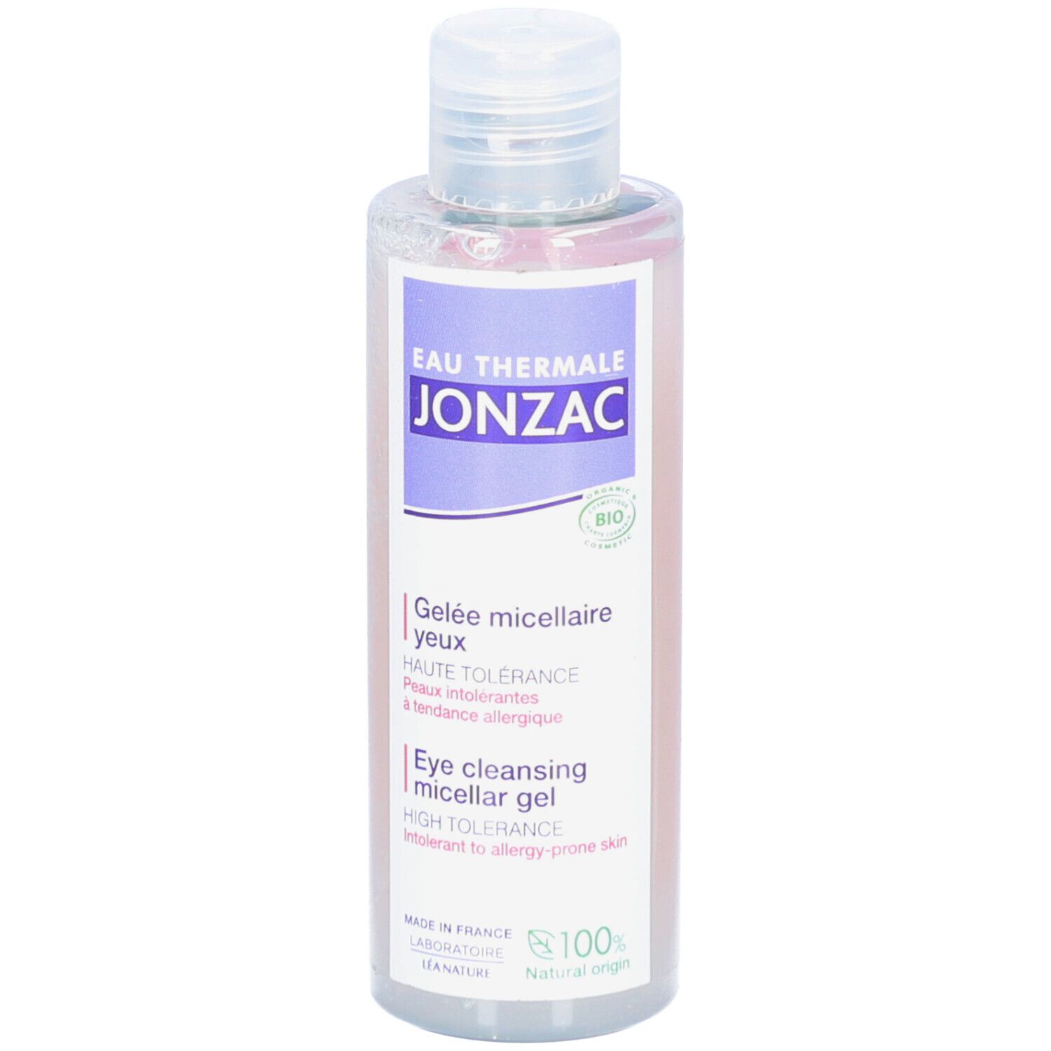 Flasche mit Augen-Reinigungsgel. Aufschrift: Jonzac, Eau Thermale, Gelée micellaire yeux, Haute Tolérance. Bio-Zertifizierung.