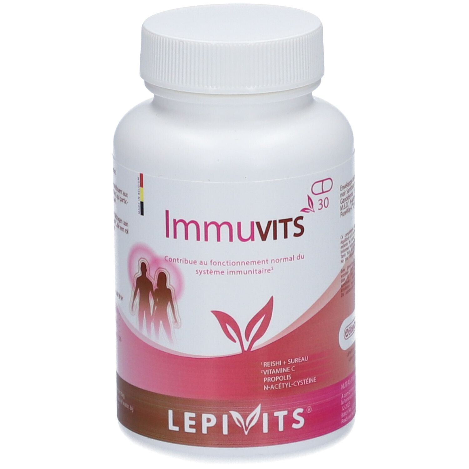 Witte fles met capsules ImmuVits. Bevat 30 capsules. Ingrediënten: Reishi, Vlierbes, Vitamine C, Propolis, N-Acetylcysteine. Merk: LepiVits.