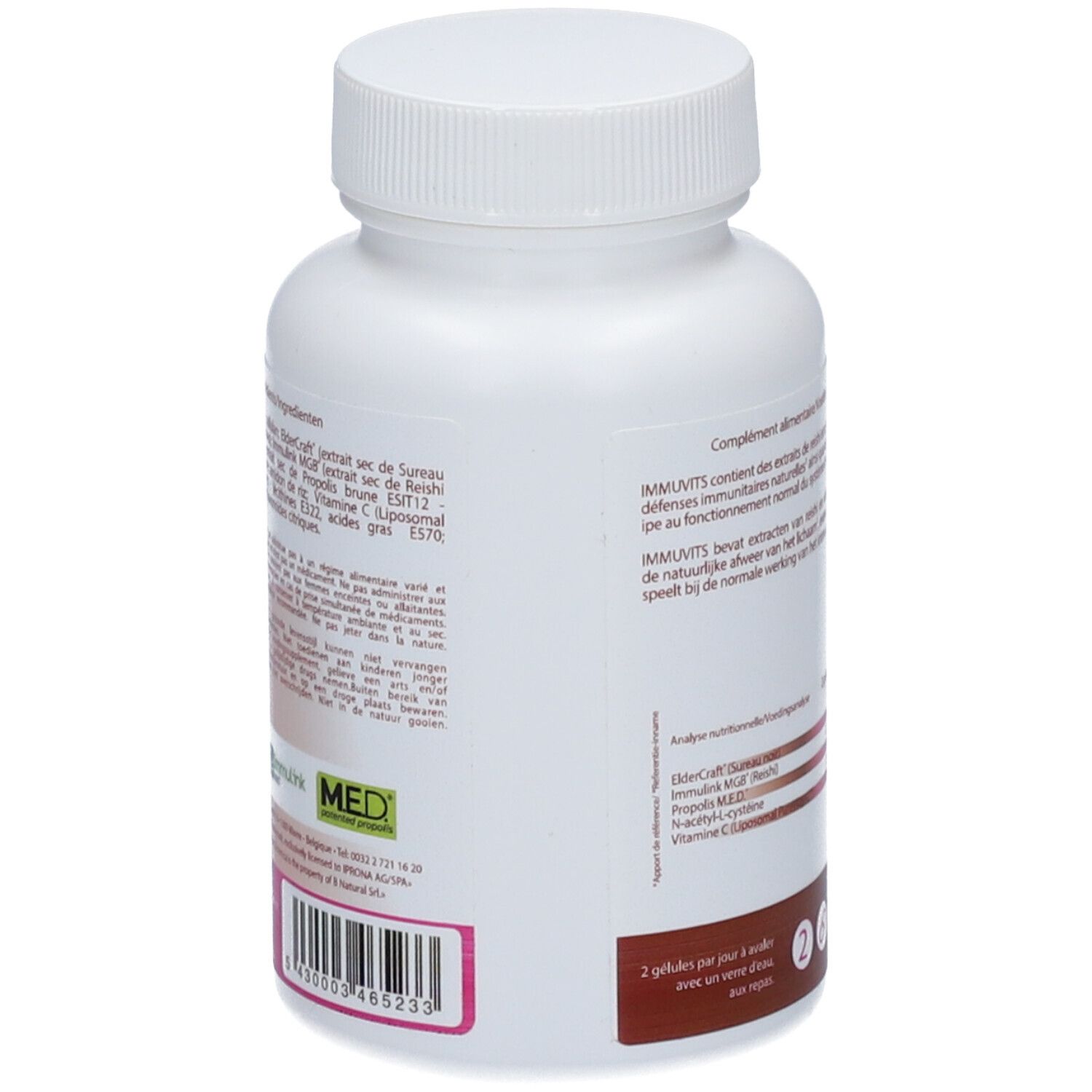Achterkant witte fles met capsules ImmuVits. Ingrediënten, voedingswaarde. Barcode en certificering.