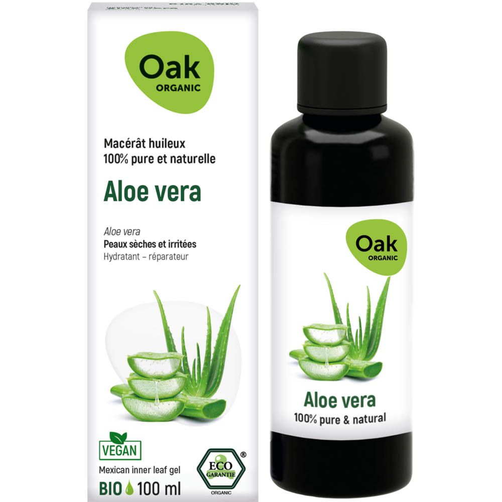 Emballage et flacon. Emballage: blanc avec graphique vert. Flacon: noir. Nom du produit: Aloe vera. Marque: Oak Organic.