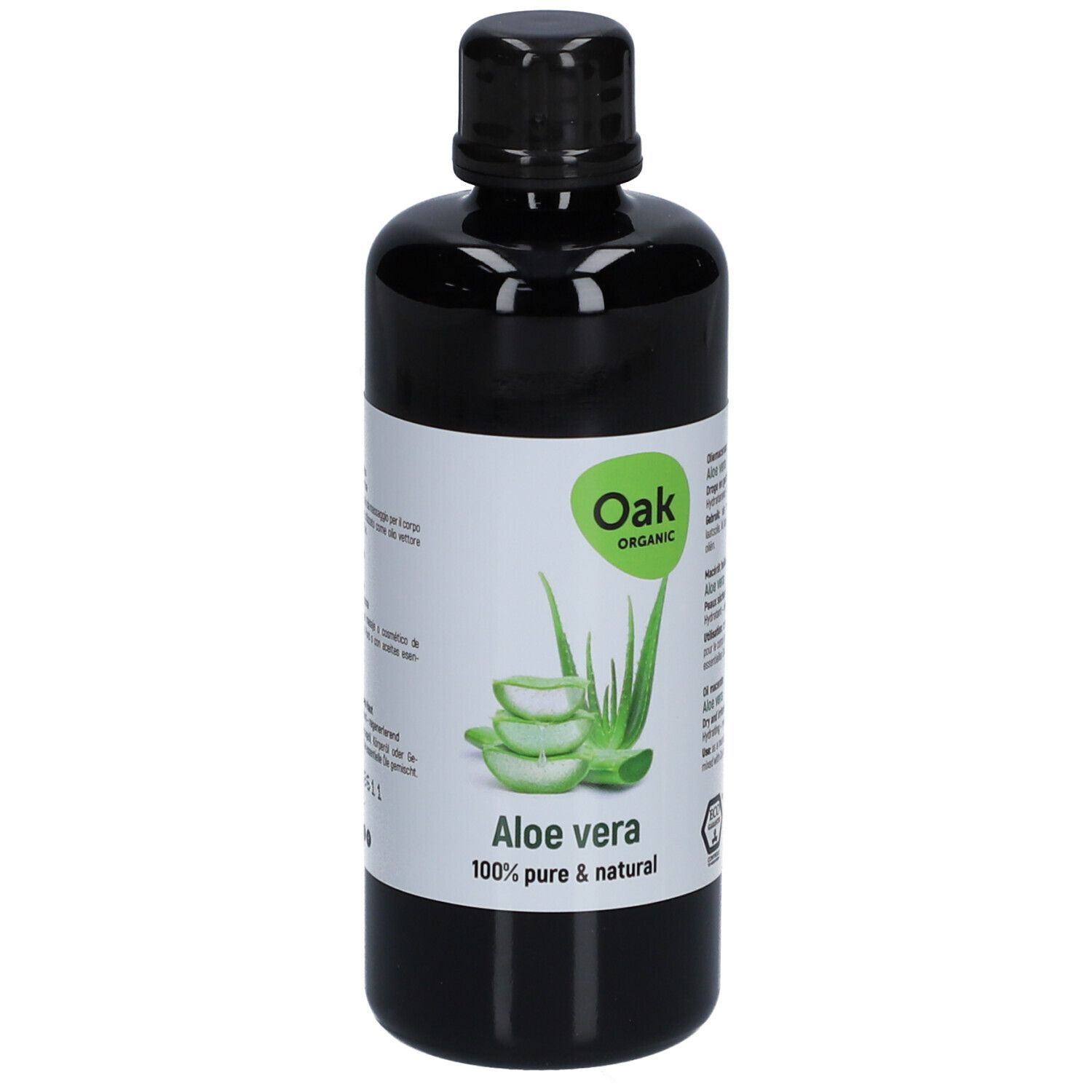 Flacon noir avec étiquette. Inscription: Oak Organic Aloe vera 100% pure & natural. Graphique vert et blanc.