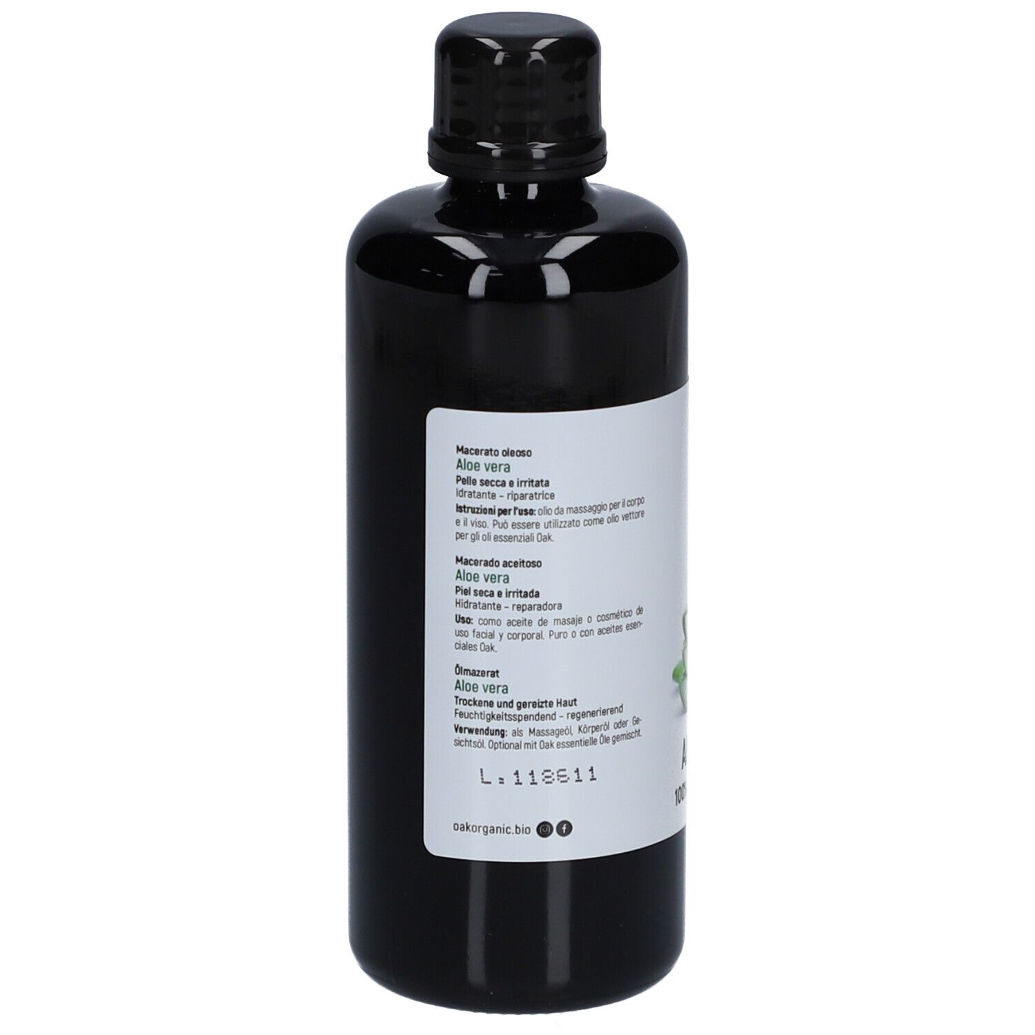 Vue arrière d'un flacon noir. Étiquette avec texte multilingue. Nom du produit: Aloe vera. Marque: Oak Organic.