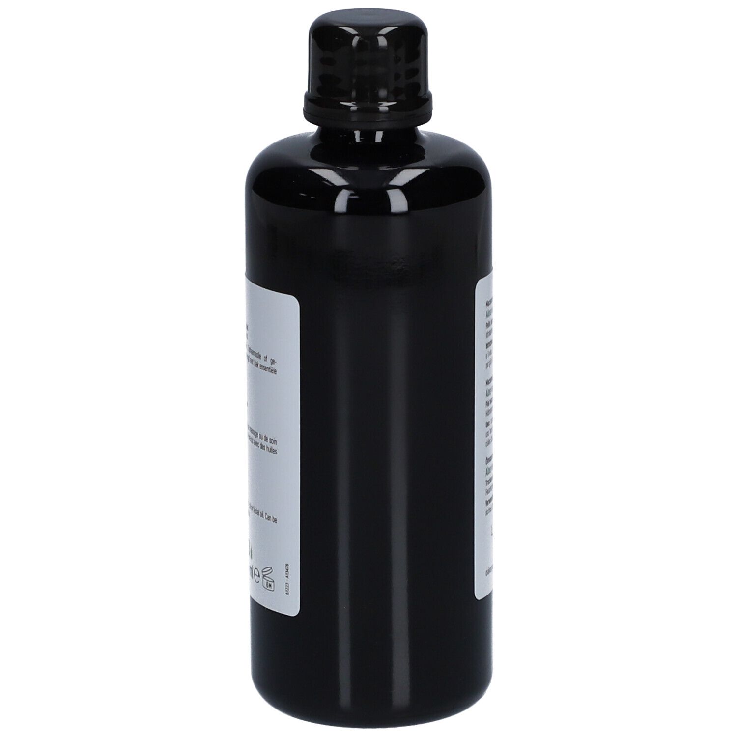 Flacon noir avec bouchon noir. Étiquette avec texte. Nom du produit: Aloe vera. Marque: Oak Organic.