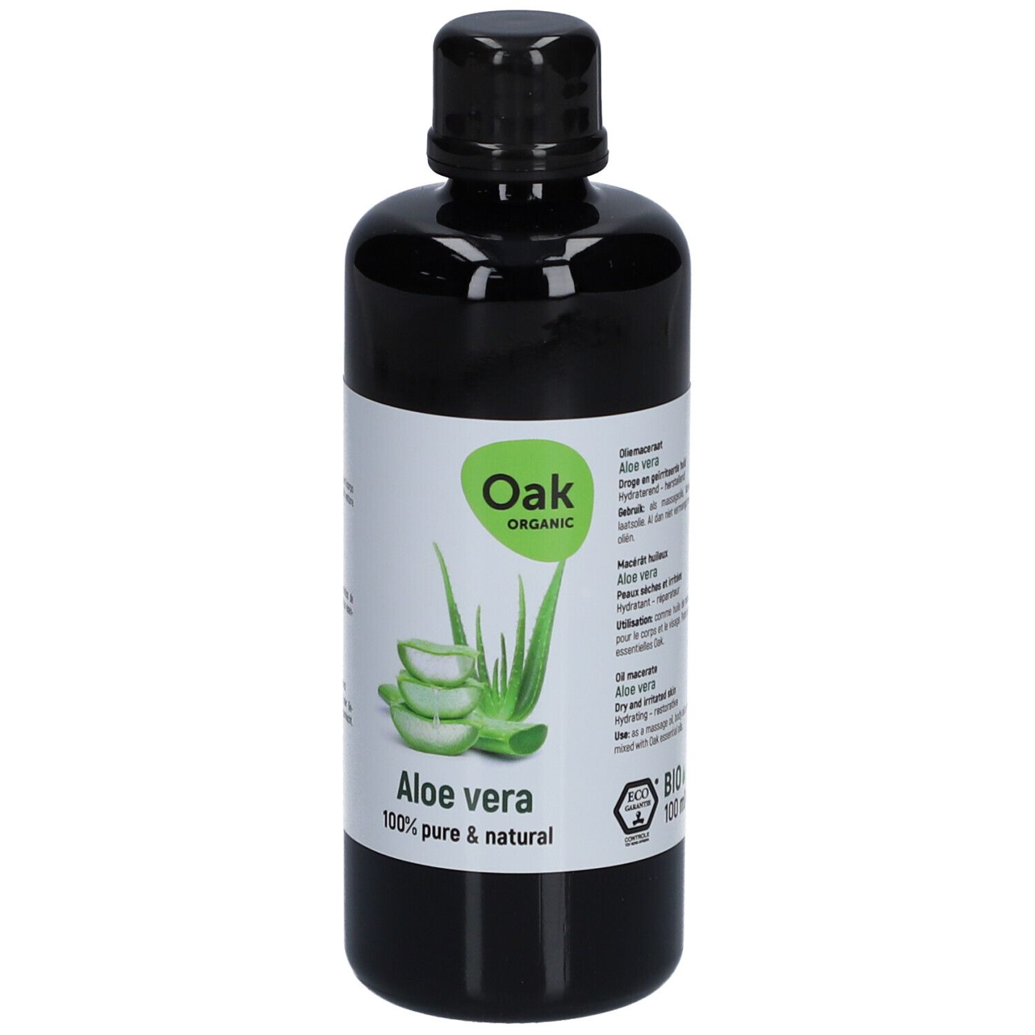 Flacon noir avec étiquette. Inscription: Oak Organic Aloe vera 100% pure & natural. Graphique vert et blanc. Label bio.