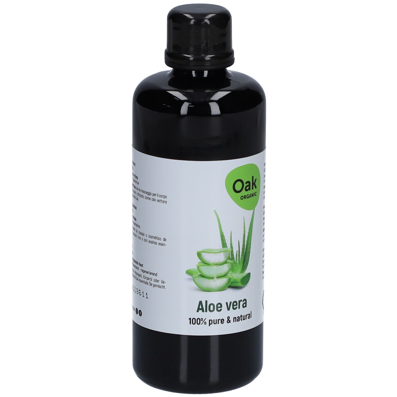 Flacon noir avec étiquette. Inscription: Oak Organic Aloe vera 100% pure & natural. Graphique vert et blanc. Label bio.