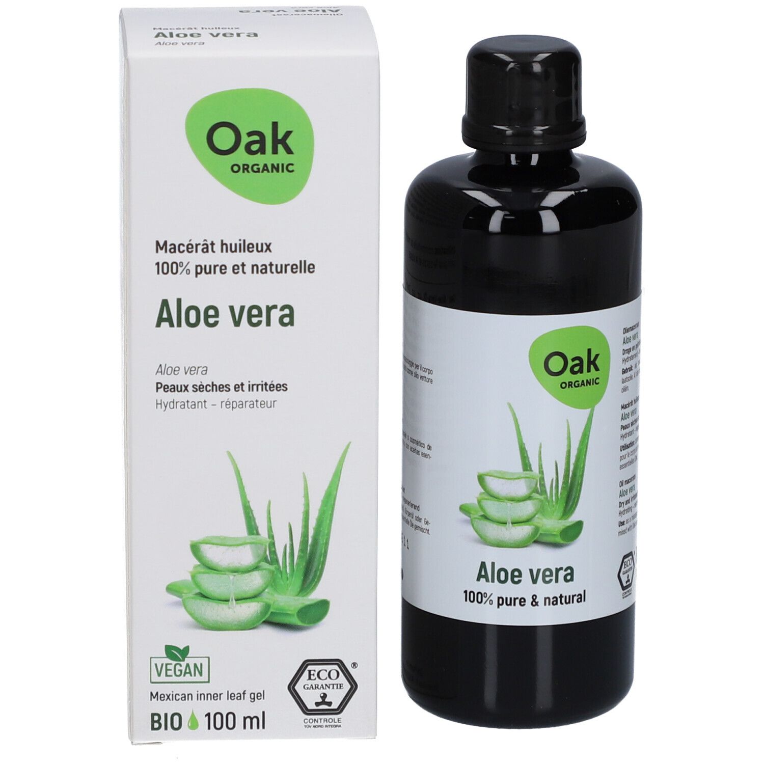 Emballage et flacon. Emballage: blanc avec graphique vert. Flacon: noir. Nom du produit: Aloe vera. Marque: Oak Organic.