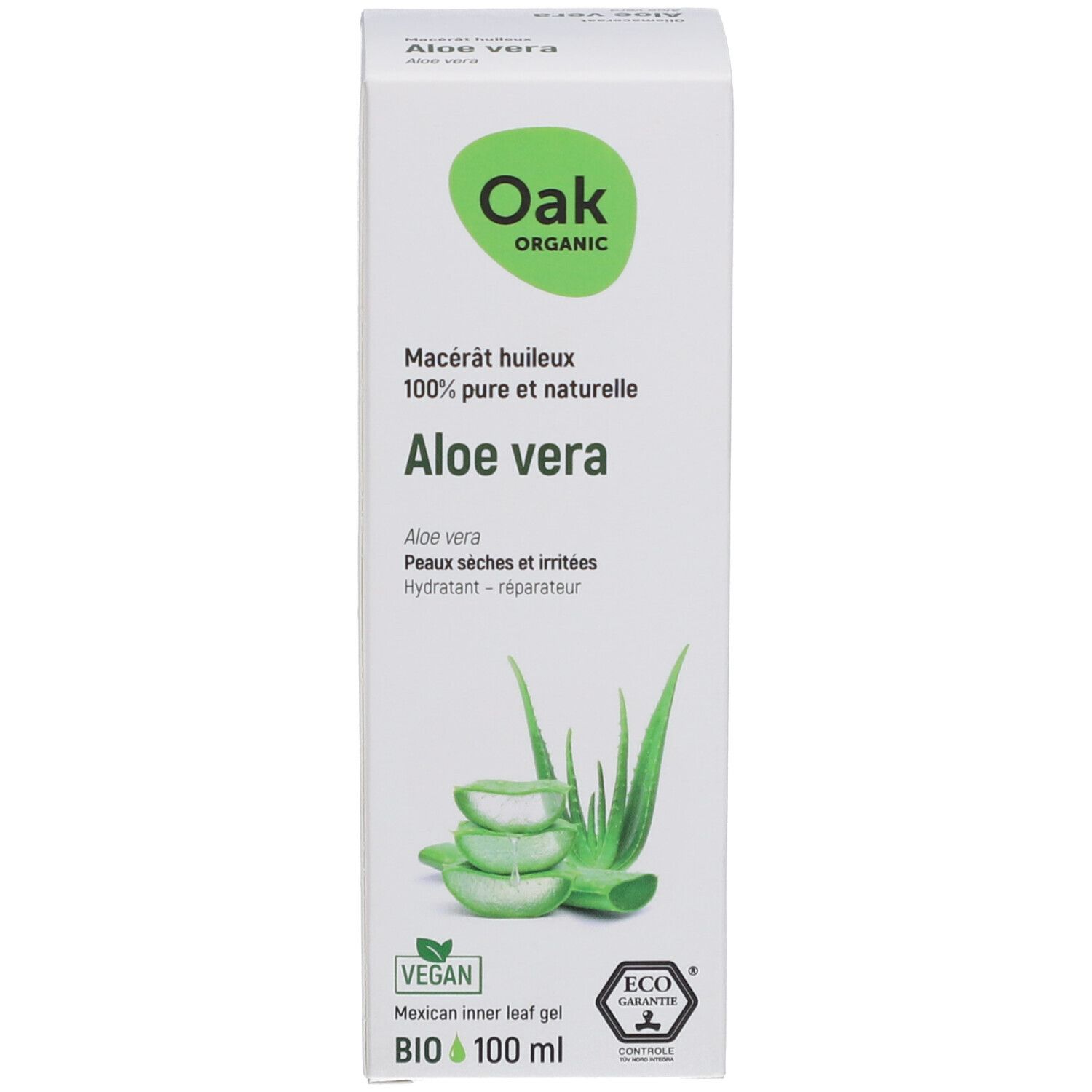 Emballage blanc. Inscription: Oak Organic Aloe vera. Graphique vert et blanc. Volume: 100 ml. Label bio.