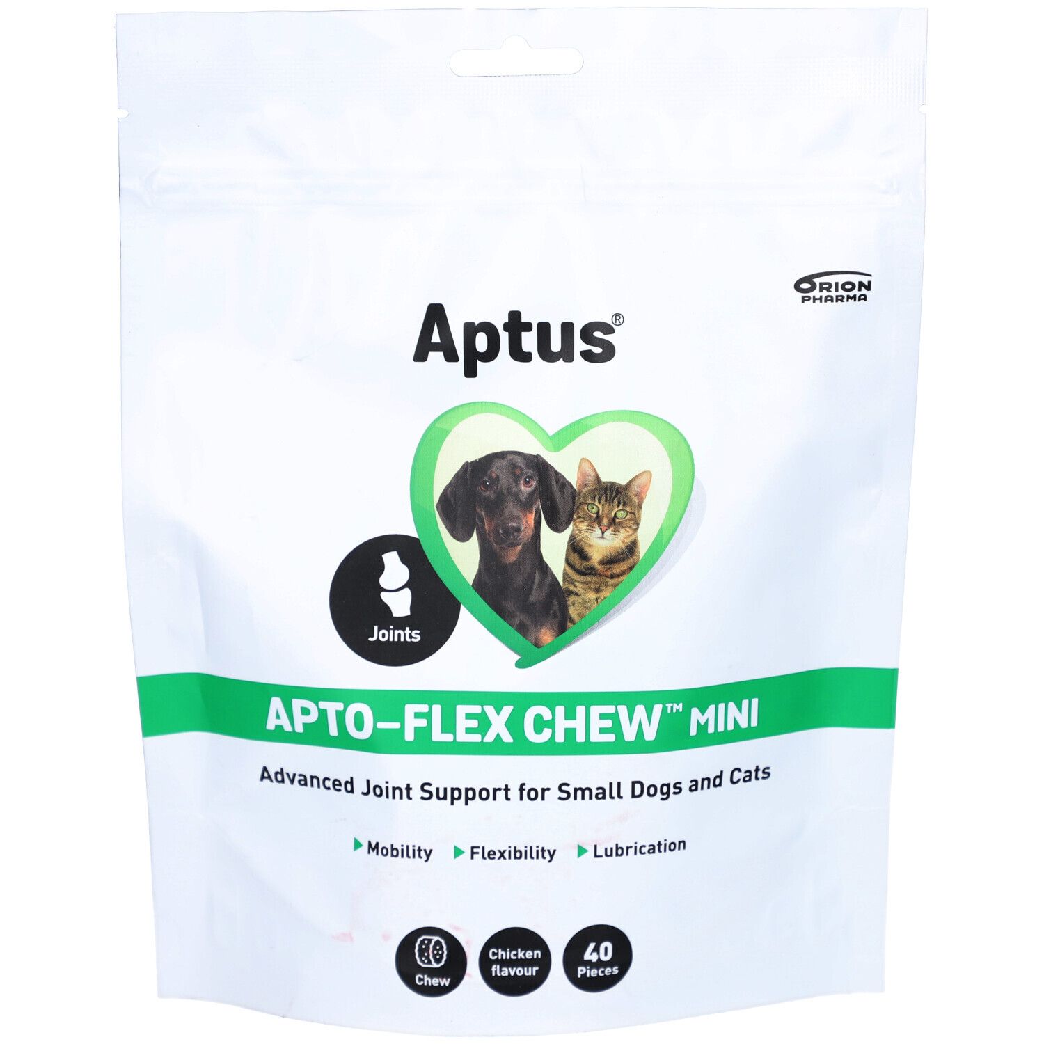 Weißer Beutel mit grünem Streifen. Aufschrift Aptus, Apto-Flex Chew Mini. Abbildung von Hund und Katze im Herz.
