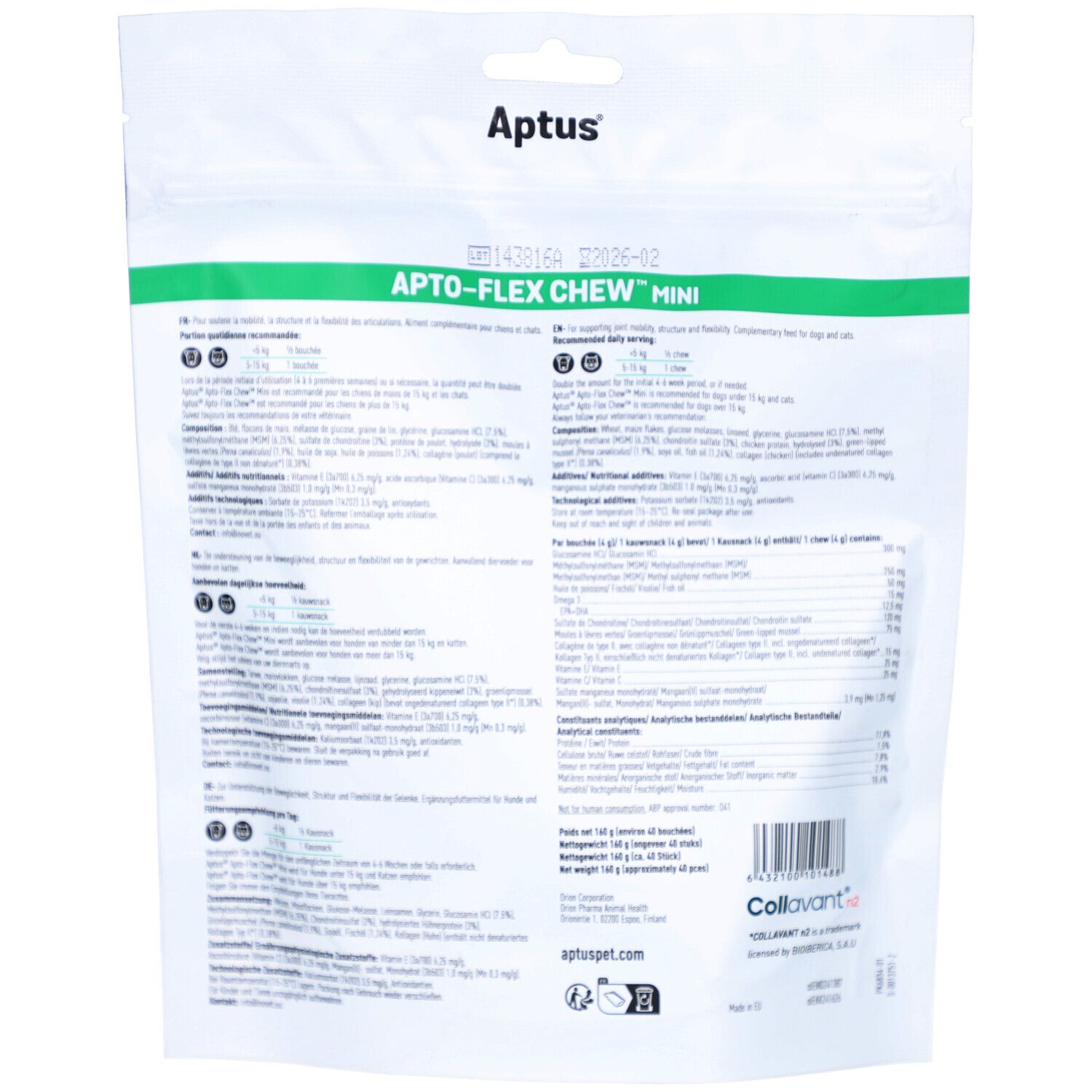 Rückseite des weißen Beutels. Text in mehreren Sprachen. Enthält Informationen zu Inhaltsstoffen und Nährwerten.