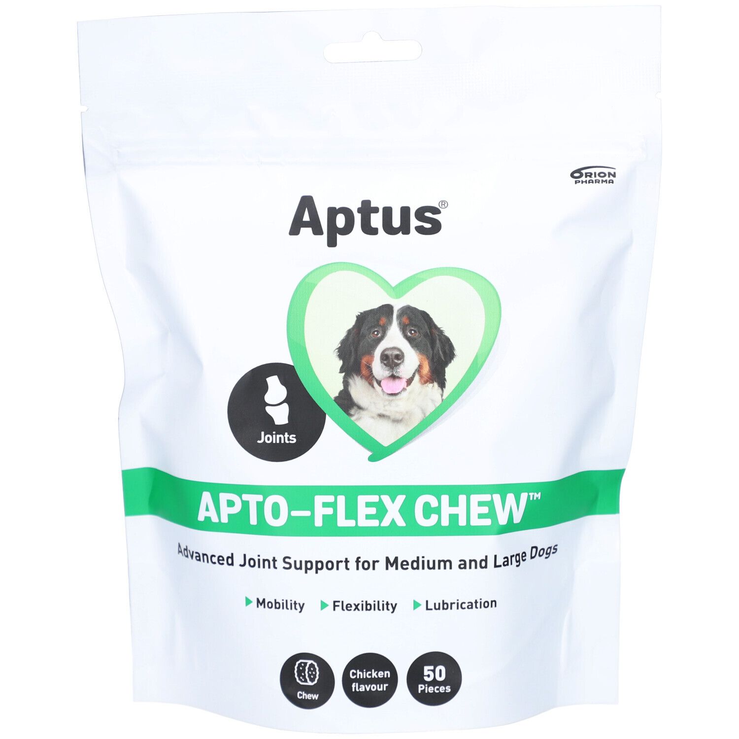 Aptus Apto-flex Chew-Beutel. Weiß, mit grünem Akzent. Abbildung eines Hundes im Herz. Text: Apto-flex Chew, Gelenkunterstützung für Hunde.