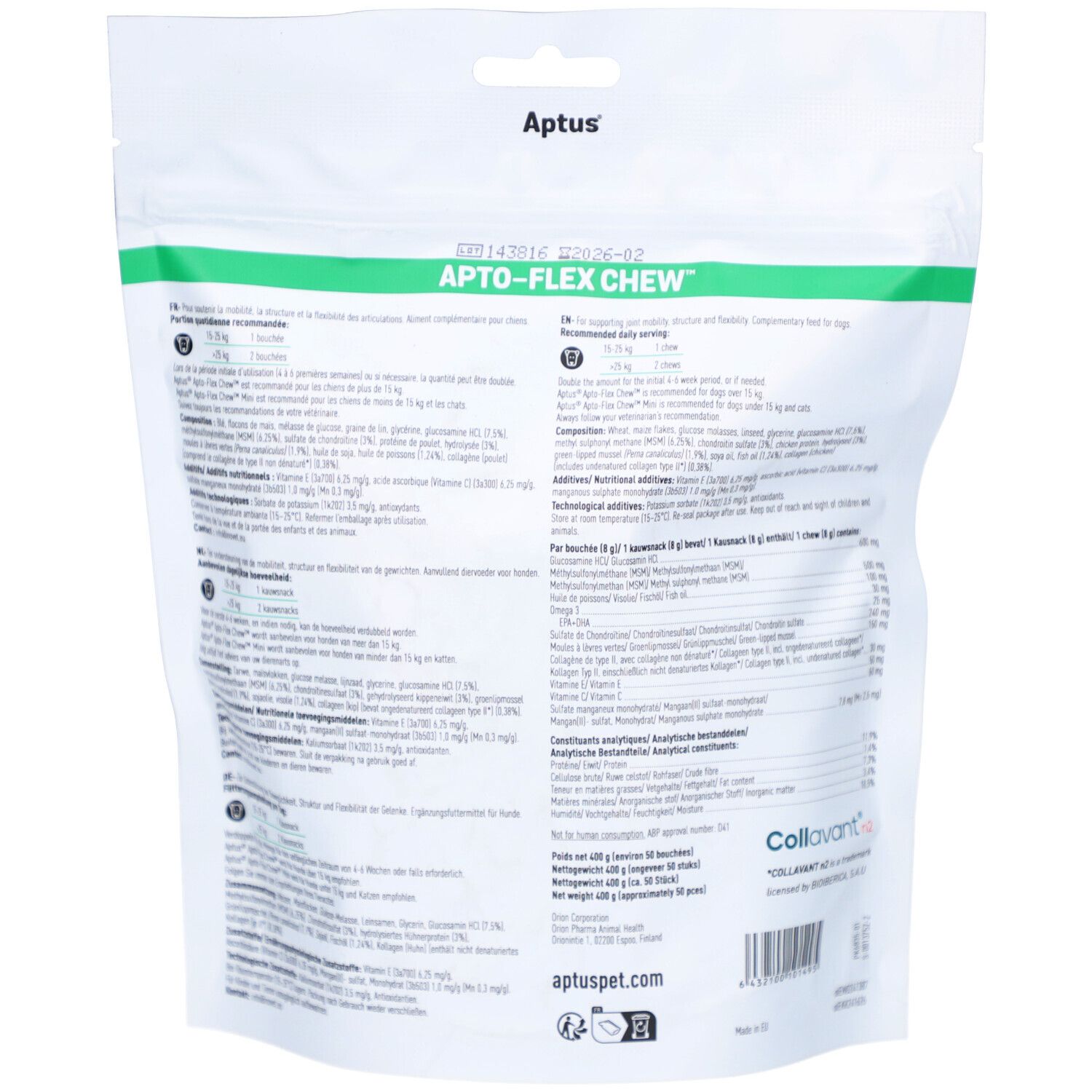 Rückseite der Aptus Apto-flex Chew-Verpackung. Weiß, mit Text in verschiedenen Sprachen. Enthält Informationen zu Inhaltsstoffen und Dosierung.