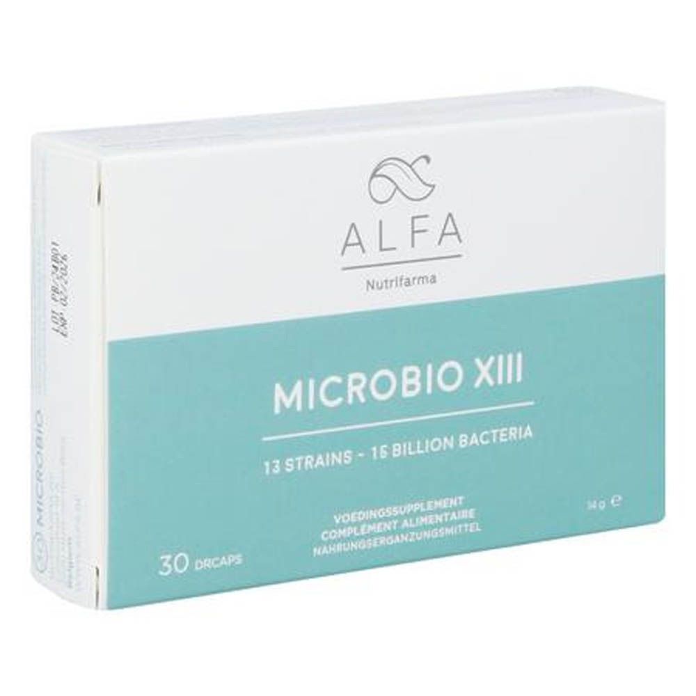 Boîte blanche et bleue. Inscriptions: ALFA Nutrifarma, MICROBIO XIII, 13 souches - 15 milliards de bactéries. 30 Drkaps.
