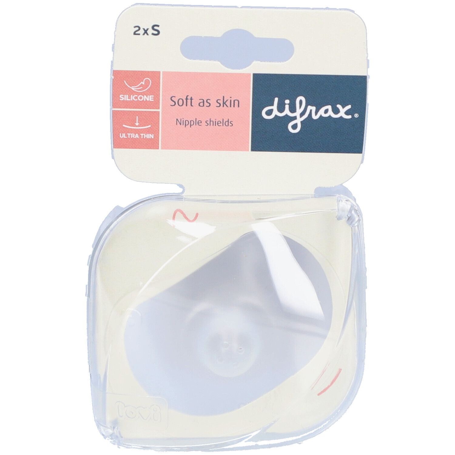 Verpackung mit zwei Silikon-Brusthütchen. Aufschrift: "Soft as skin". Marke: Difrax. Transparente Kunststoffverpackung.