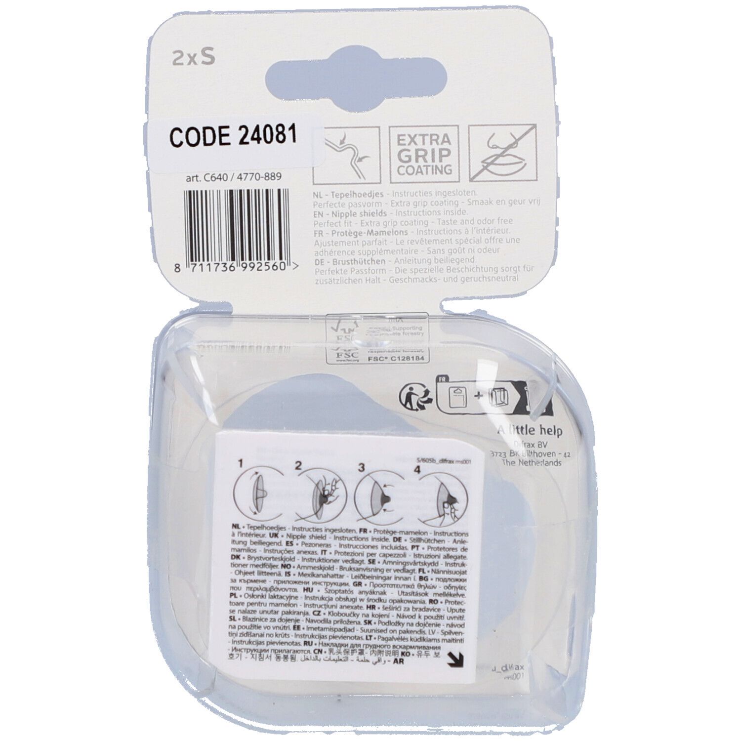 Rückseite der Verpackung mit Produktcode und Anweisungen. Text in mehreren Sprachen. Marke: Difrax. Transparente Kunststoffverpackung.