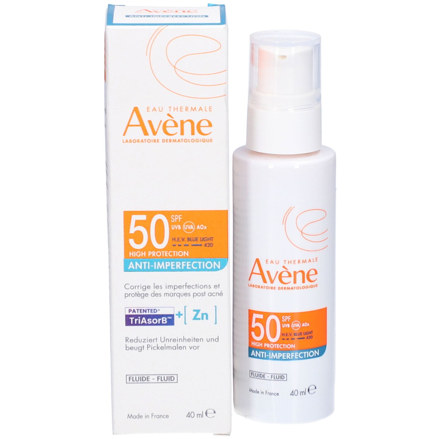 Productverpakking en fles. Etiket met SPF 50, Anti-onzuiverheden en merk Avène.