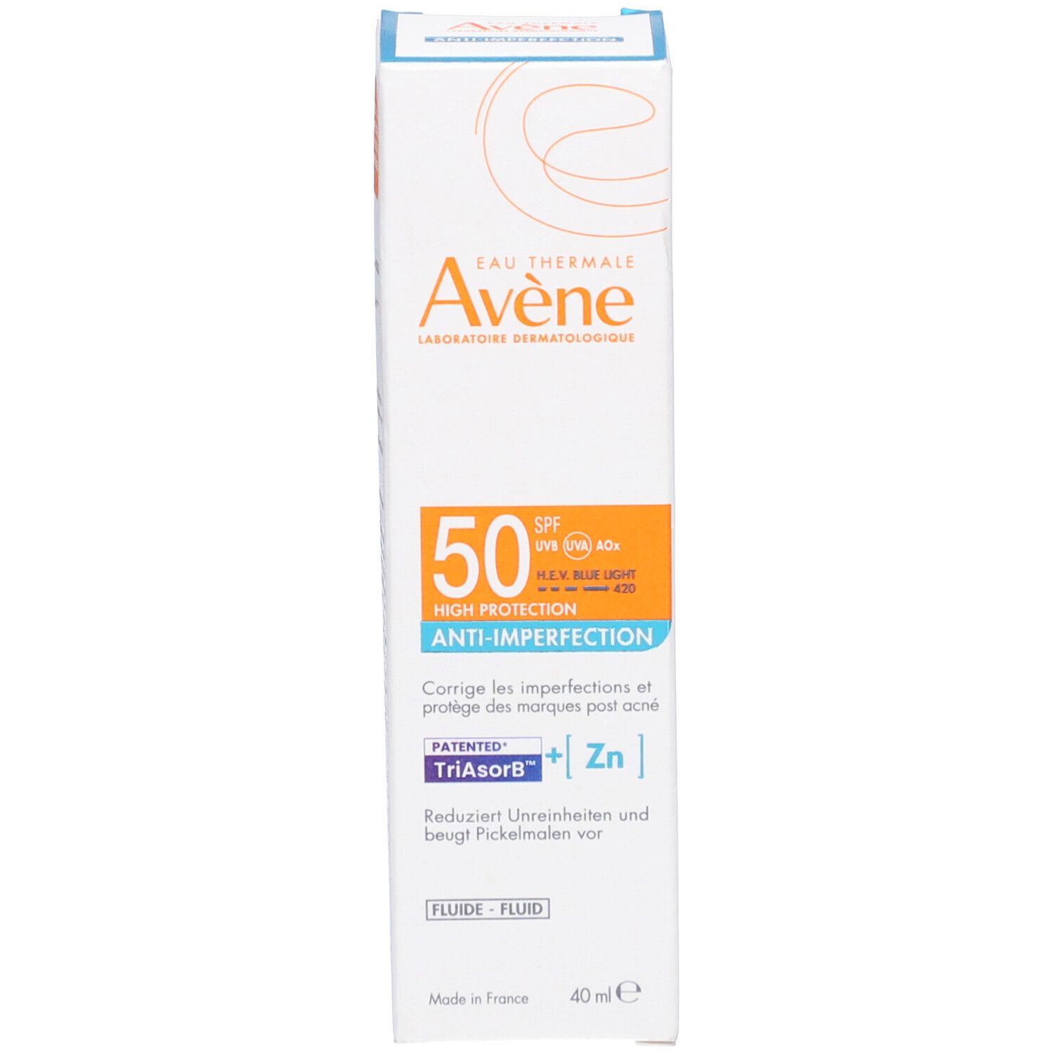Productverpakking. Etiket met SPF 50, Anti-onzuiverheden en merk Avène.