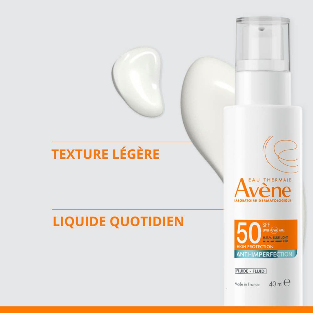 Flacon blanc avec pompe. Étiquette avec SPF 50, Anti-imperfections et marque Avène.