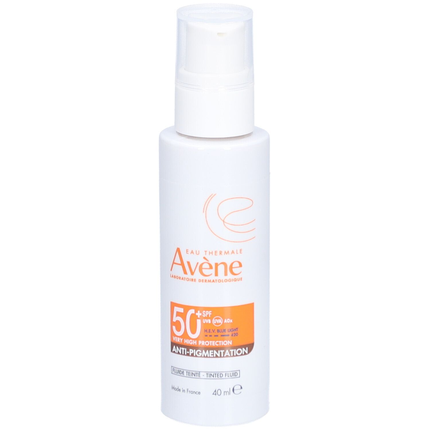 Weiße Flasche mit Pumpverschluss. Aufkleber mit Produktinformationen und Marke Avène.