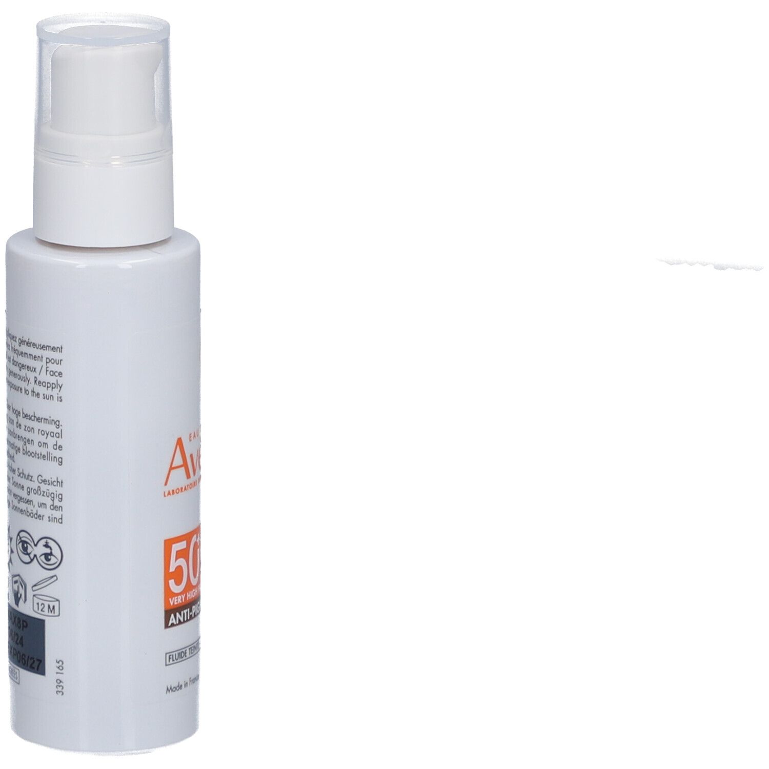 Weiße Flasche mit Pumpverschluss. Seitenansicht mit Produktinformationen.