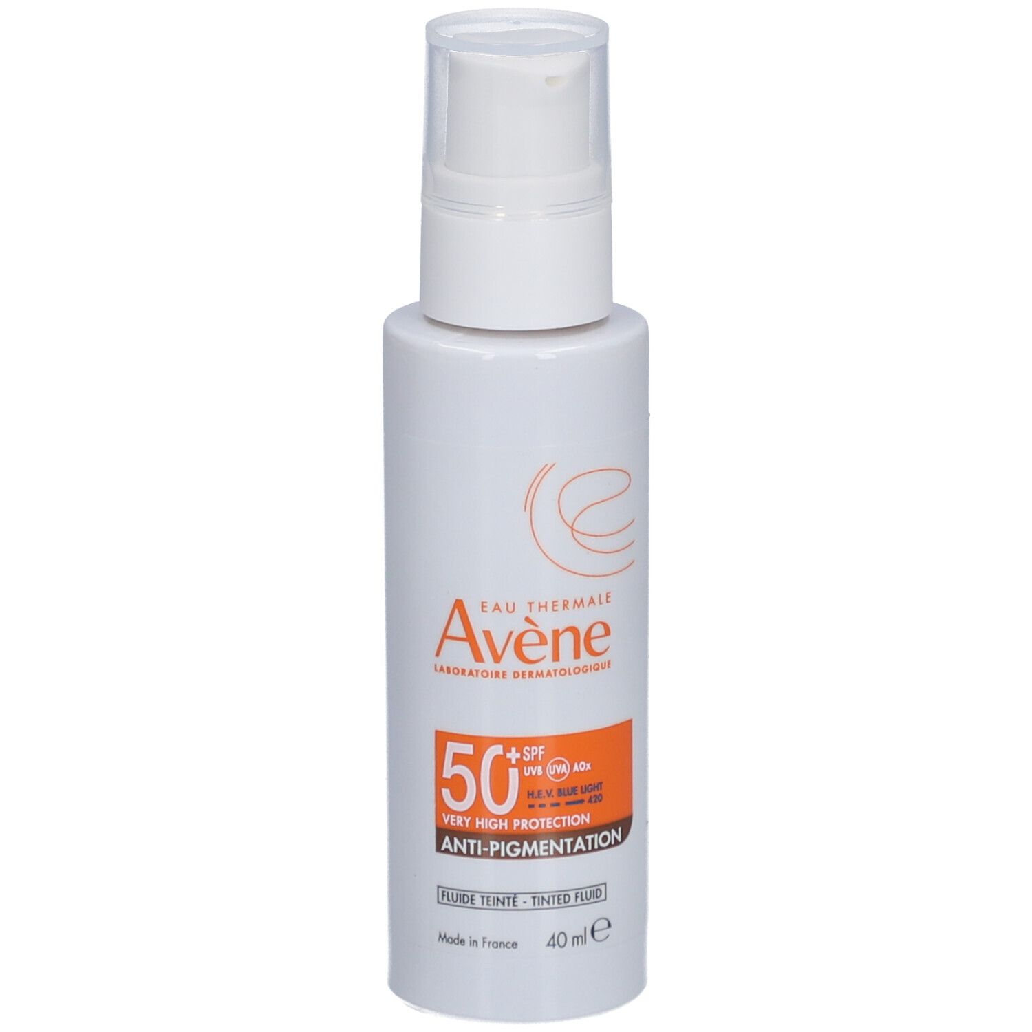 Weiße Flasche mit Pumpverschluss. Aufkleber mit Produktinformationen und Marke Avène.