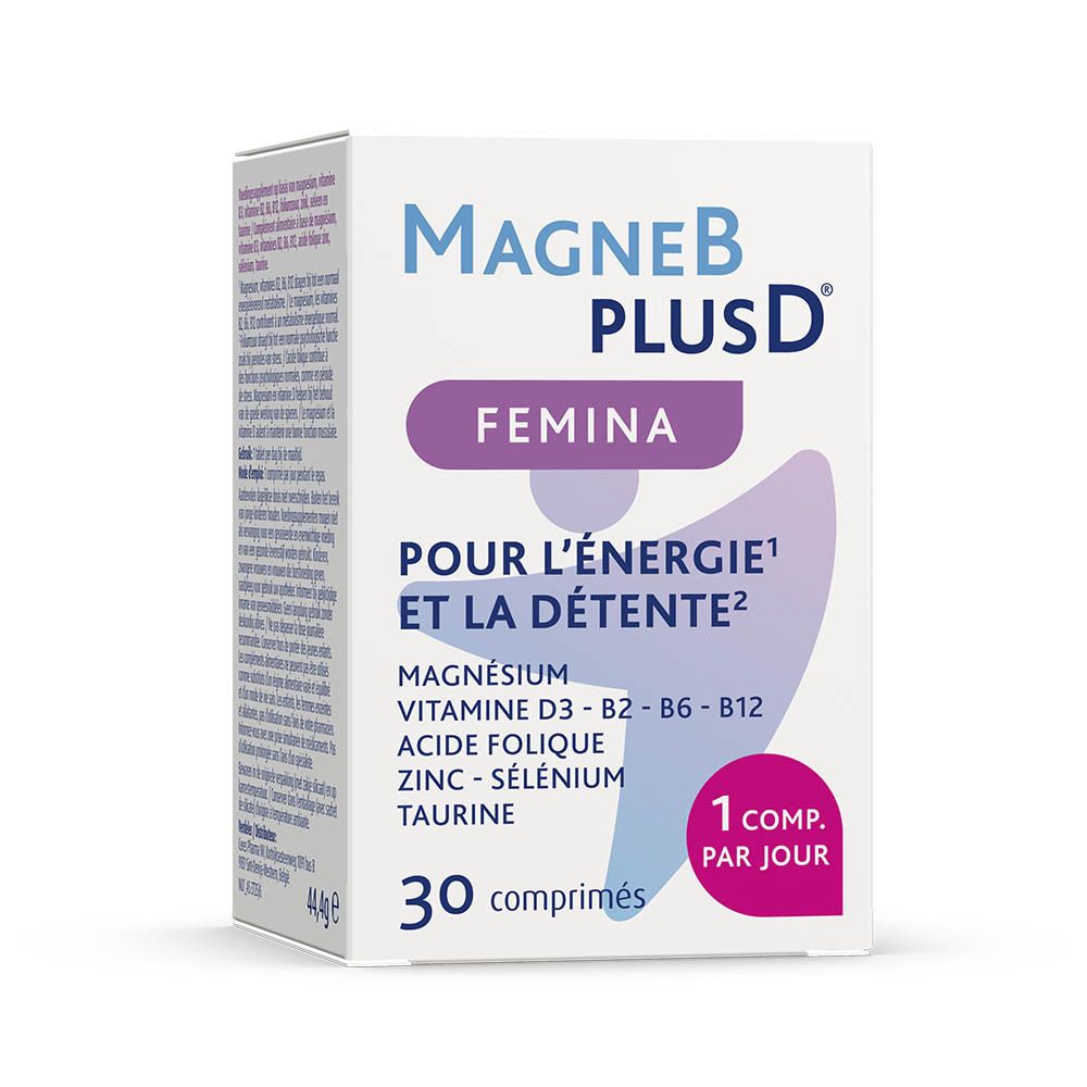 Emballage en carton. Inscription: MagneB PlusD Femina. Contient magnésium, vitamines B et D. 30 comprimés.