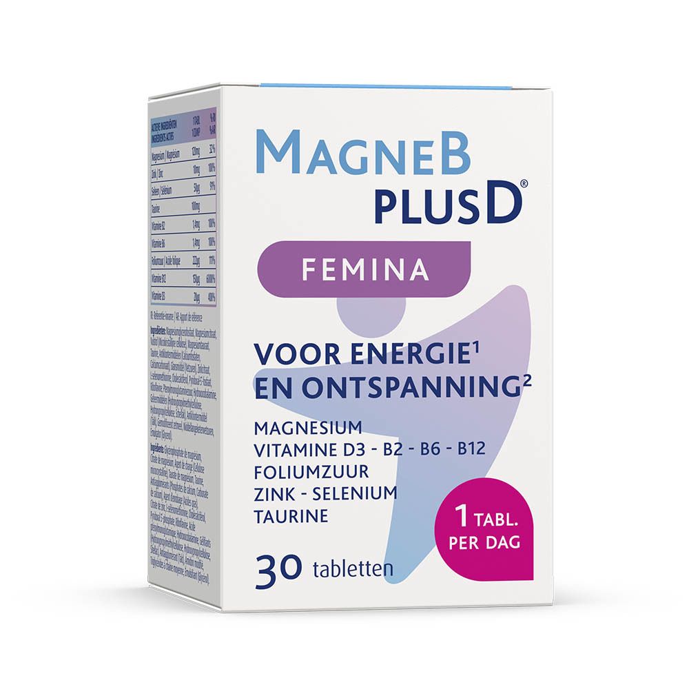 Kartonnen verpakking. Opschrift: MagneB PlusD Femina. Bevat magnesium, vitamine B en D. 30 tabletten.