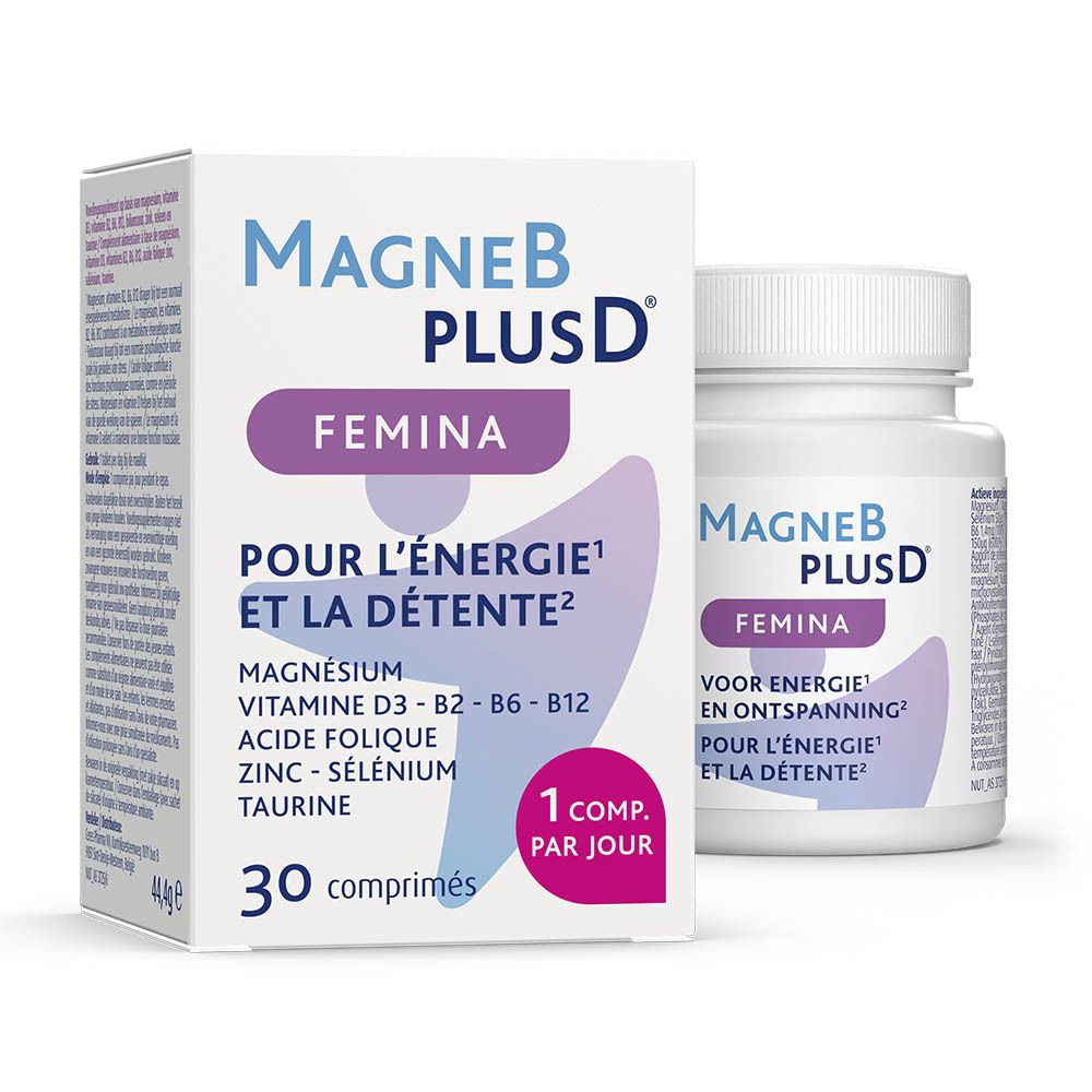 Emballage en carton et flacon. Inscription: MagneB PlusD Femina. Contient magnésium, vitamines B et D. 30 comprimés.