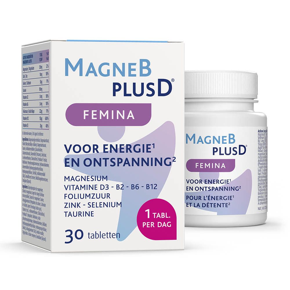 Kartonnen verpakking en fles. Opschrift: MagneB PlusD Femina. Bevat magnesium, vitamine B en D. 30 tabletten.