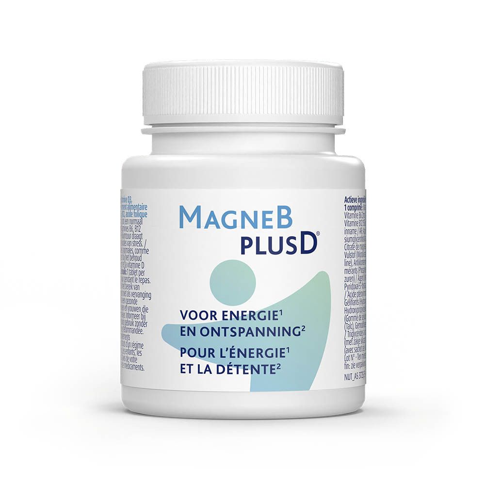 Witte fles met MagneBplusD®-label. Tekst: Voor energie en ontspanning. Blauwe en groene grafiek.