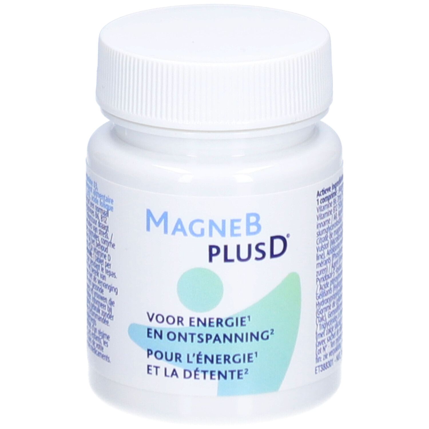 Witte fles met MagneBplusD®-label. Tekst: Voor energie en ontspanning. Blauwe en groene grafiek.