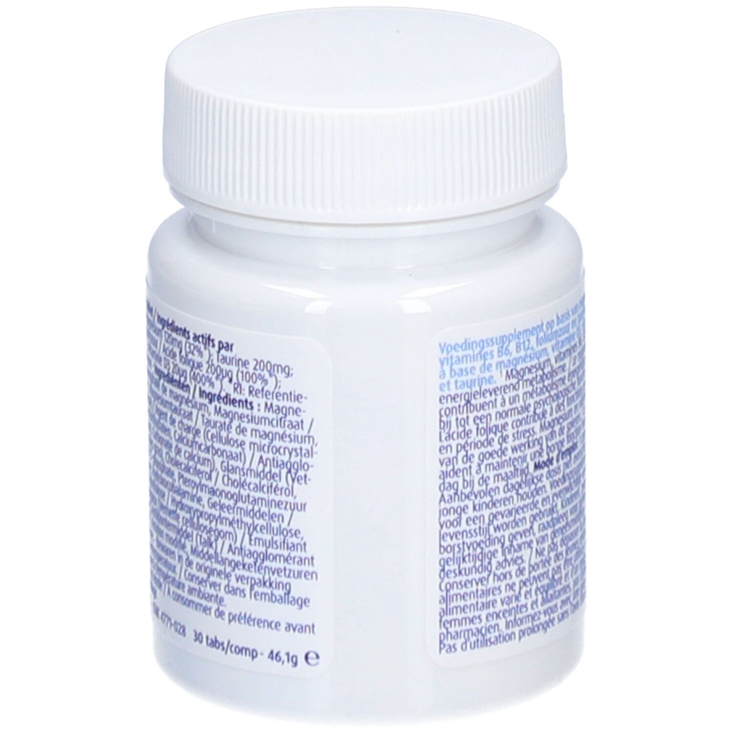 Close-up van de achterkant van een witte fles met MagneBplusD®-label. Ingrediënten en tekst.