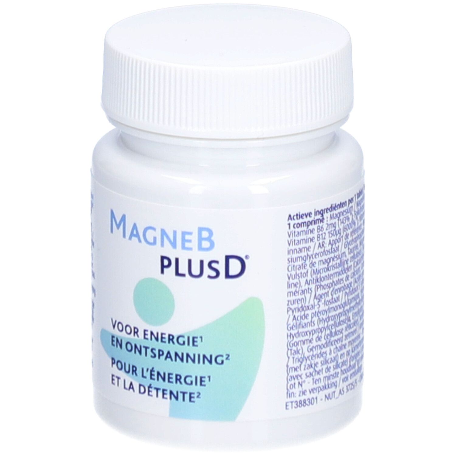 Witte fles met MagneBplusD®-label. Tekst: Voor energie en ontspanning. Blauwe en groene grafiek.