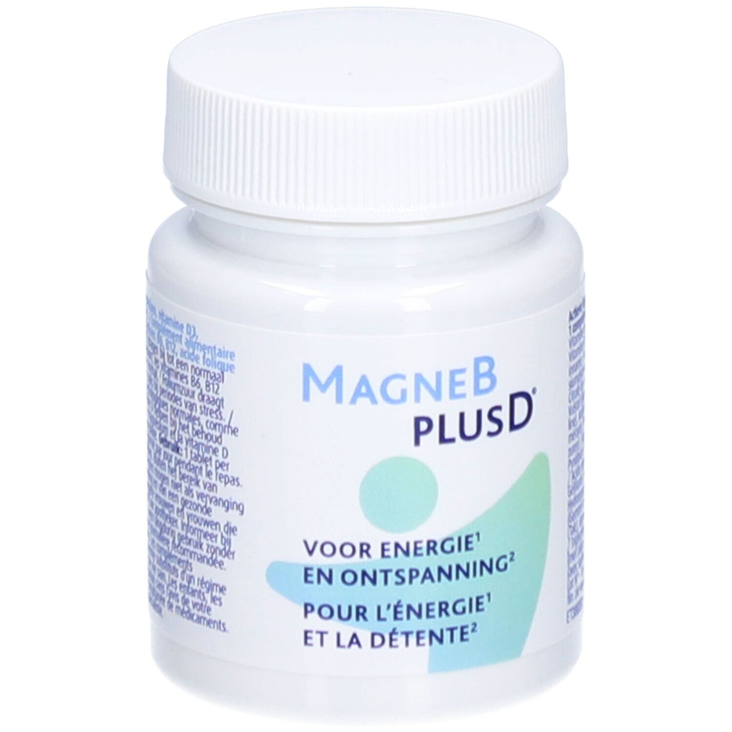 Witte fles met MagneBplusD®-label. Tekst: Voor energie en ontspanning. Blauwe en groene grafiek.