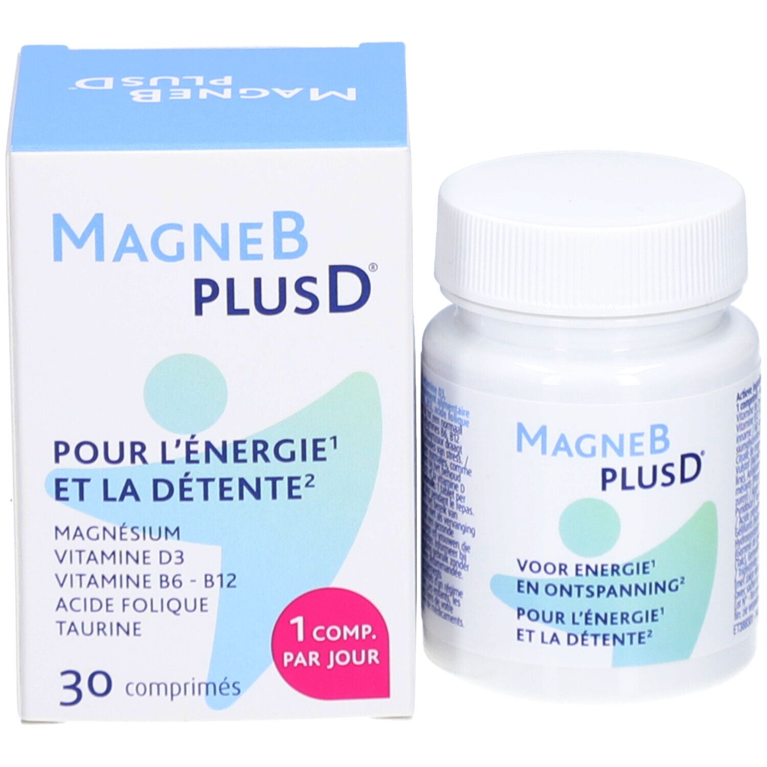 MagneBplusD®-verpakking en fles. Verpakking met tekst en ingrediënten. Fles met label.